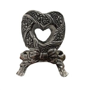 Wickens & Sticks Pewter Heart Candle Holder Bow Ribbon‎ Floral Accent Decor VTG